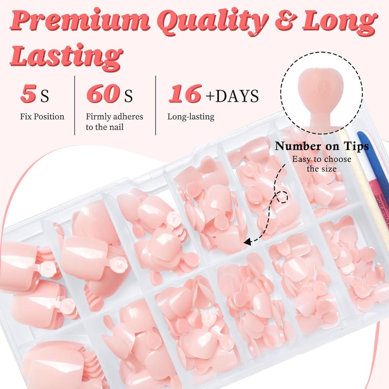 LuckForever 168pc Press on Toenails Women Fake Toe Nails with Glue Tabs, Nude Fake Toenails Press on Nail Toe Acrylic Nail Tips Short Square False Toenail Feet Artificial Toe Nails Press on - Image 3